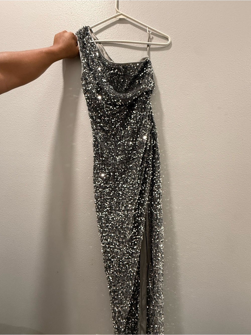 SHEIN Silver One-Shoulder Sequin Gown